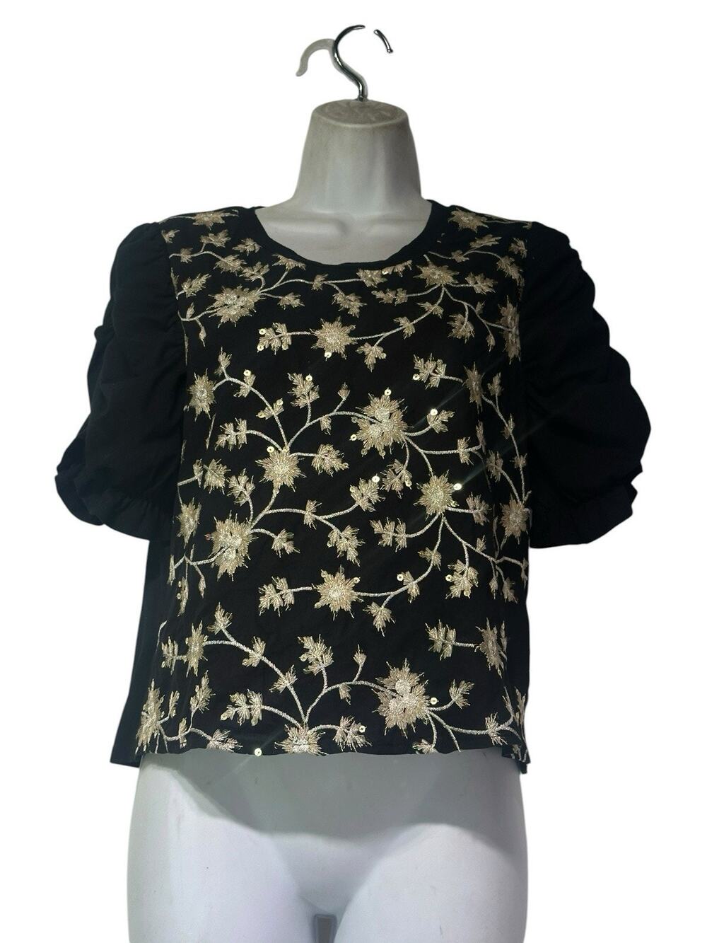 Isla Maude Gold Embroidered Sequins Floral Ruffled Puff 3/4 Sleeve Top Size XS